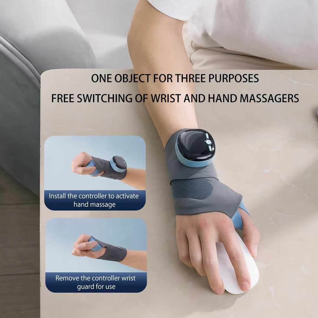 Fitlybuy grey EMS heating wrist brace with detachable controller for tendon relief, shown in use on a desk.