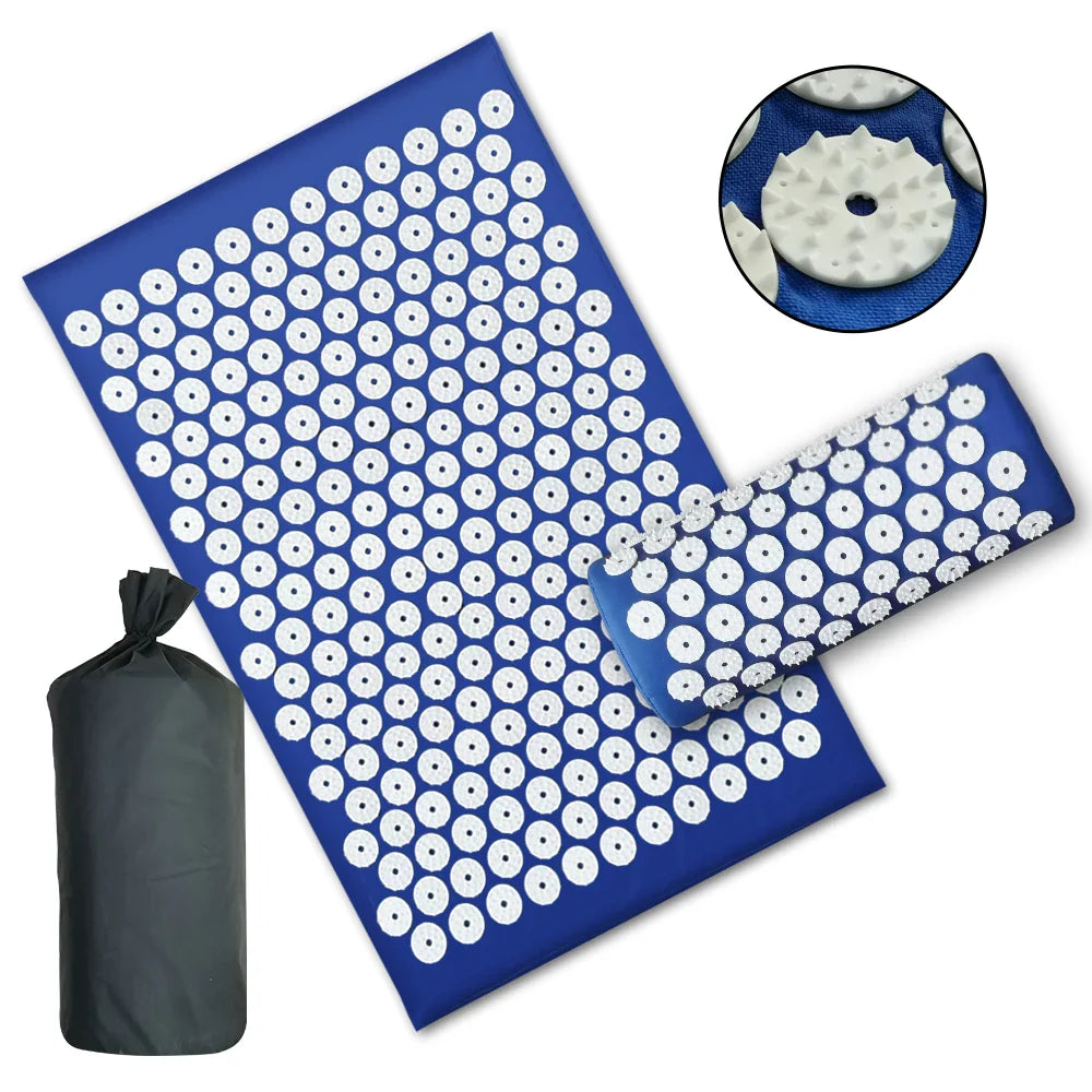 Blue Fitlybuy acupressure yoga mat and pillow set with white ergonomic pressure point discs and a black carry bag.