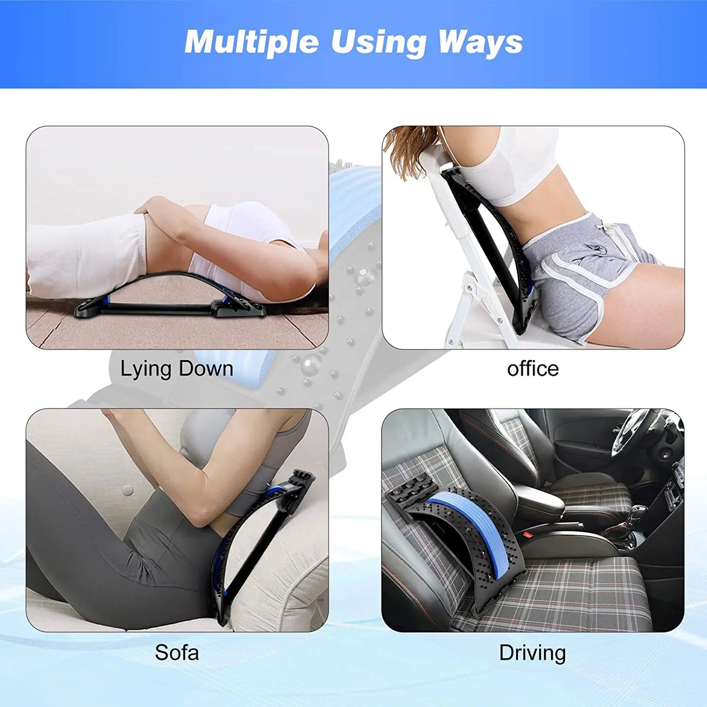 Fitlybuy back relief stretcher showing usage on floor, office chair, sofa, and car seat for spine alignment.