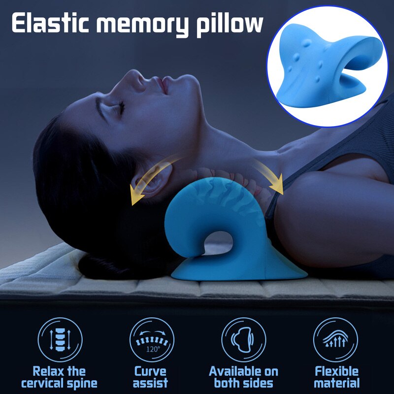Fitlybuy blue ergonomic neck and shoulder stretcher shown in use to relax the cervical spine with dual-side design.
