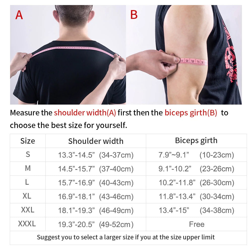 Fitlybuy shoulder support size guide showing how to measure shoulder width and bicep girth with a size chart.