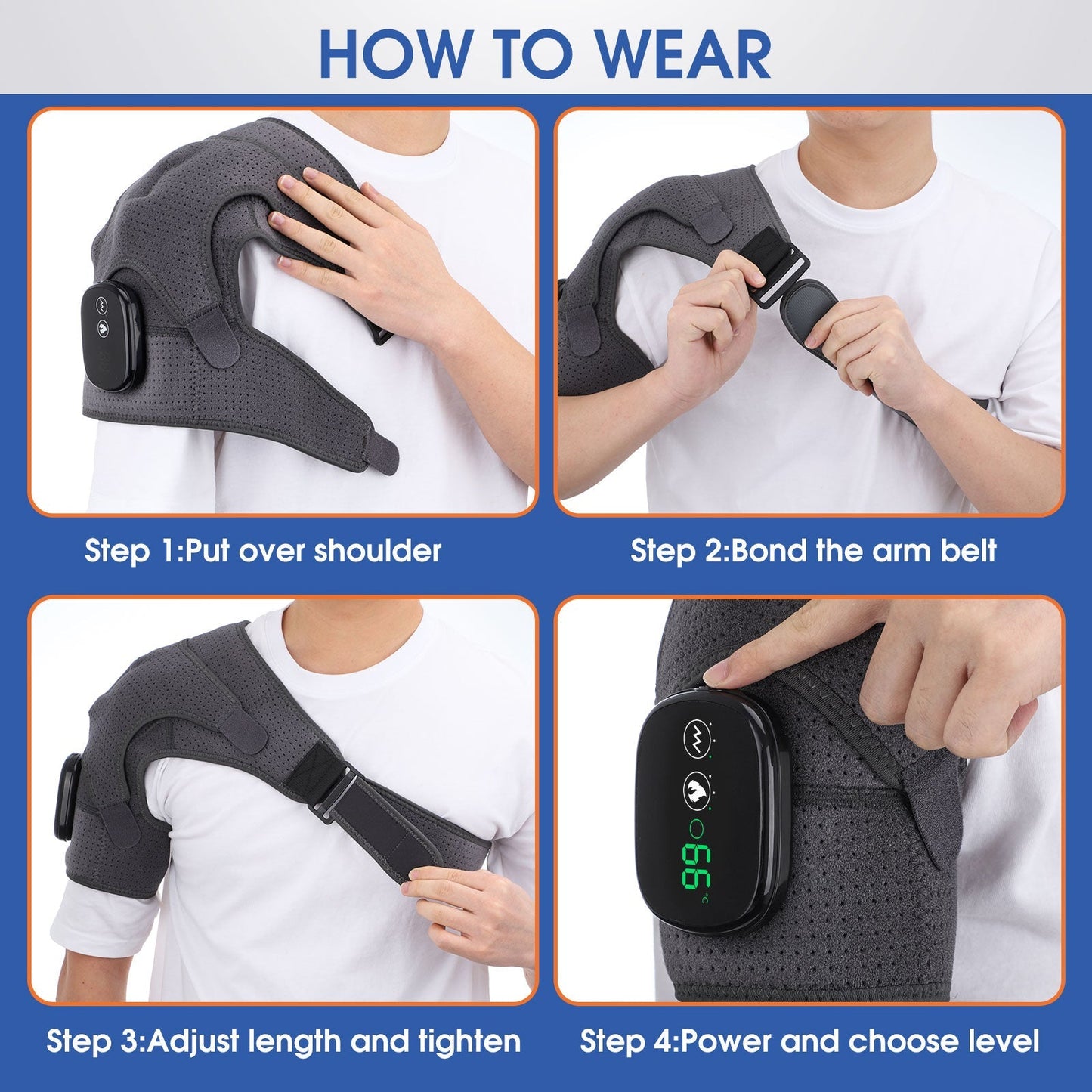 Fitlybuy gray shoulder compression brace with heating and vibration technology, shown in four steps on how to wear.