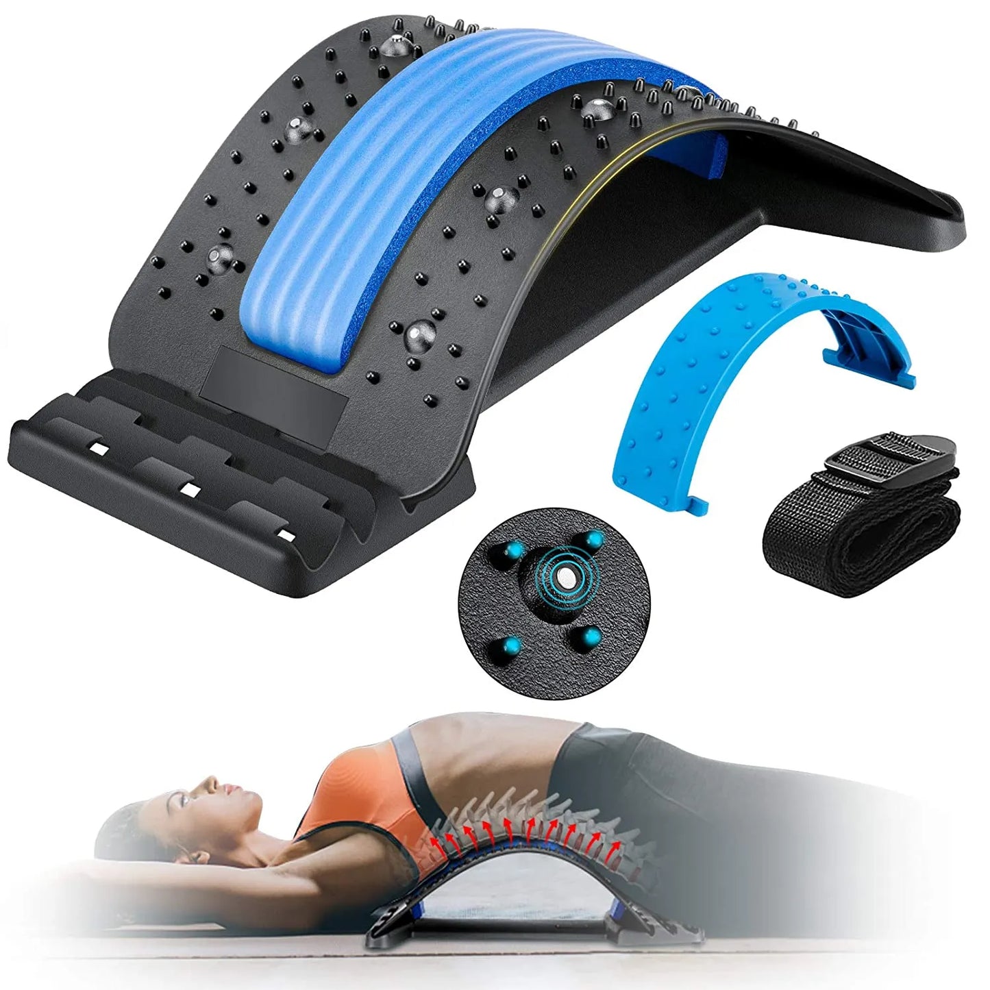 Fitlybuy back relief stretcher with blue foam spine padding, massage points, adjustable base, and strap for back pain.