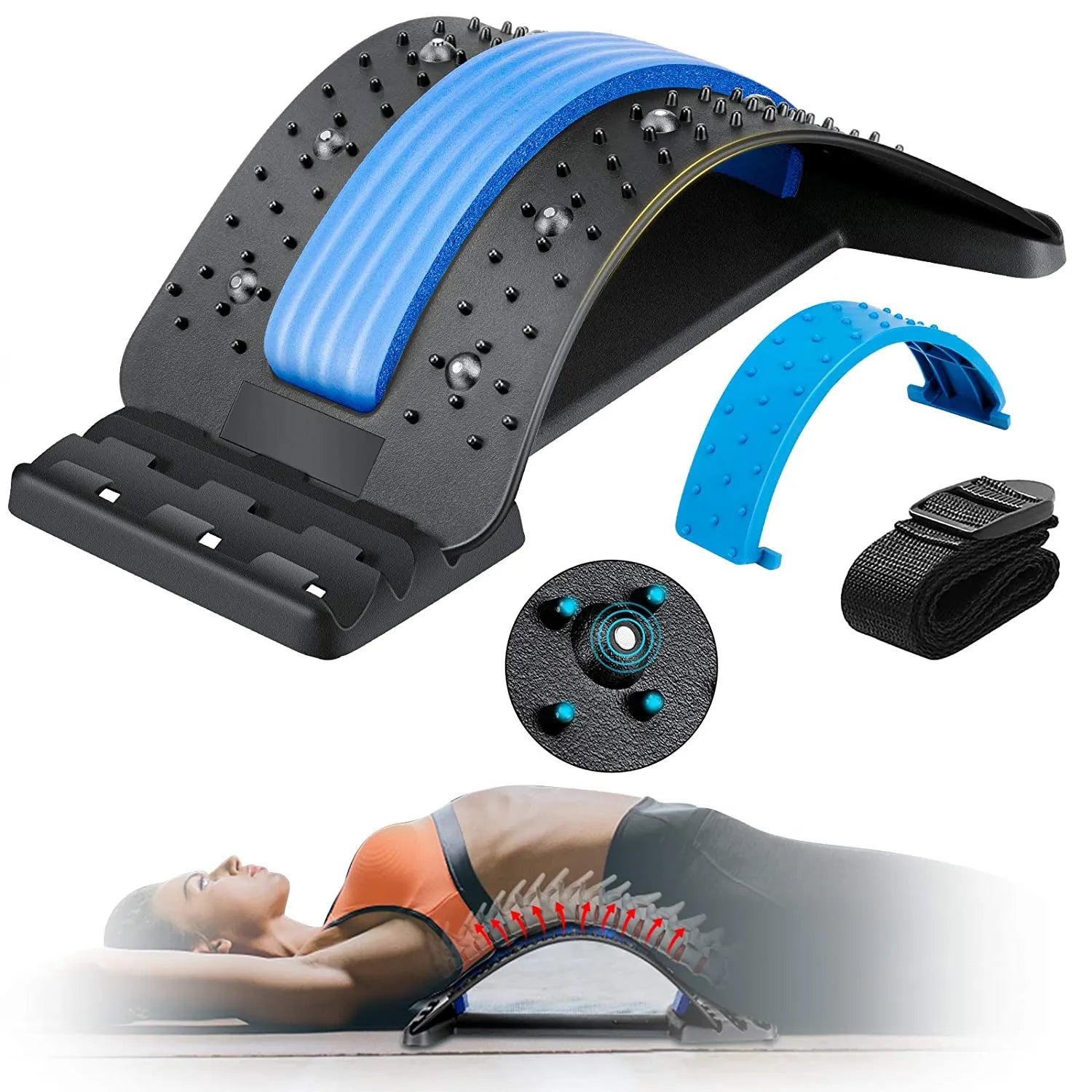 Fitlybuy back relief stretcher with blue foam spine padding, massage points, adjustable base, and strap for back pain.