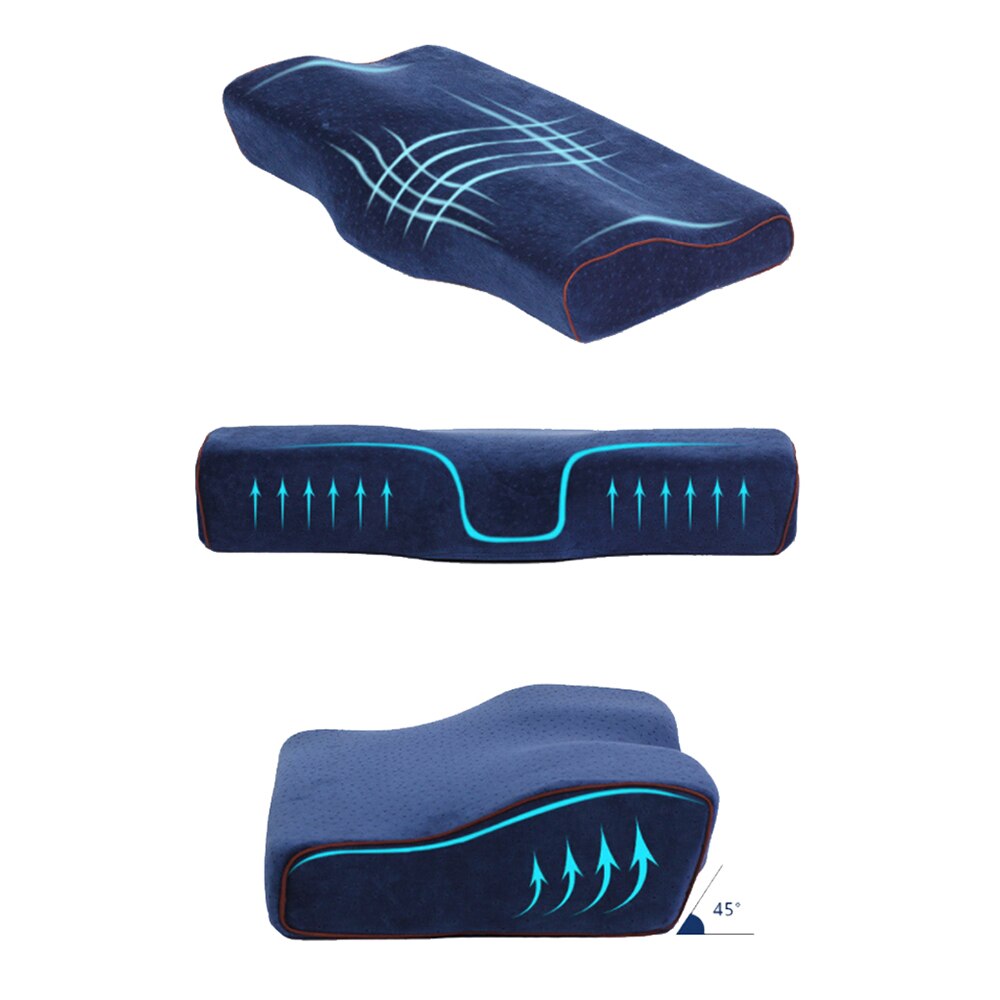 Fitlybuy Dream Align blue memory foam pillow with contoured ergonomic design and support arrows.