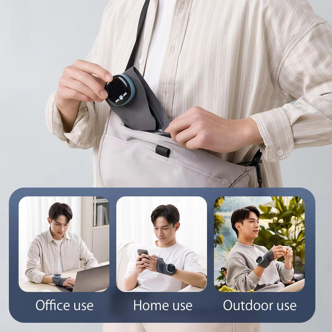 Fitlybuy gray EMS heating wrist brace with digital display, shown in portable office, home, and outdoor lifestyle settings.