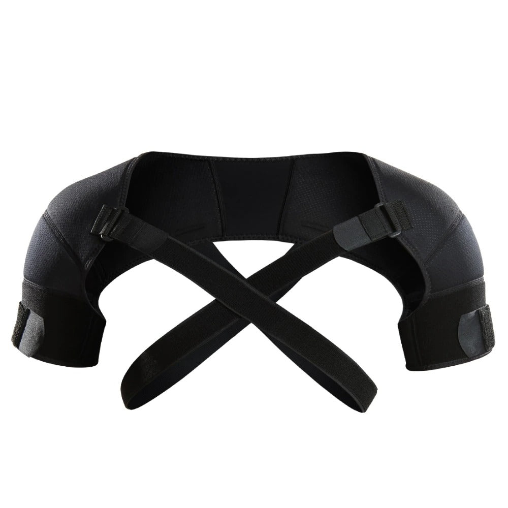 Black Fitlybuy dual shoulder compression wrap with adjustable crisscross straps for support against a white background.