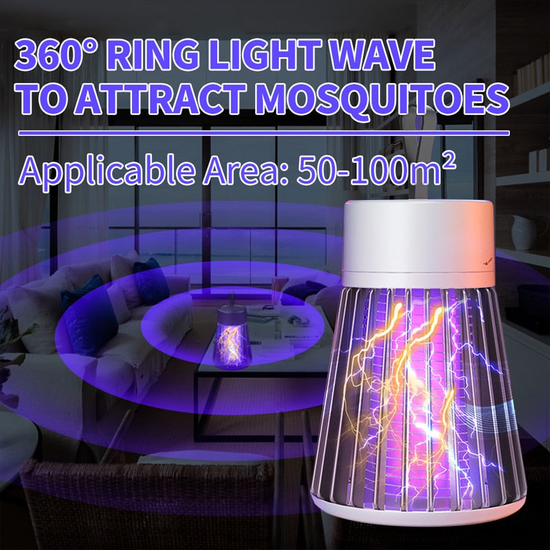 White Fitlybuy Mosquito Trap Lamp with purple UV light and electric zapper grid, set in a cozy living room.
