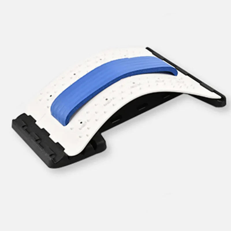 Fitlybuy arched back relief stretcher with white base, black frame, and blue ergonomic spinal alignment cushion.