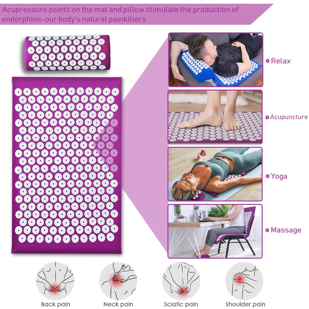 Fitlybuy purple acupressure mat and pillow set with white spikes, shown in use for relaxation, yoga, and pain relief.