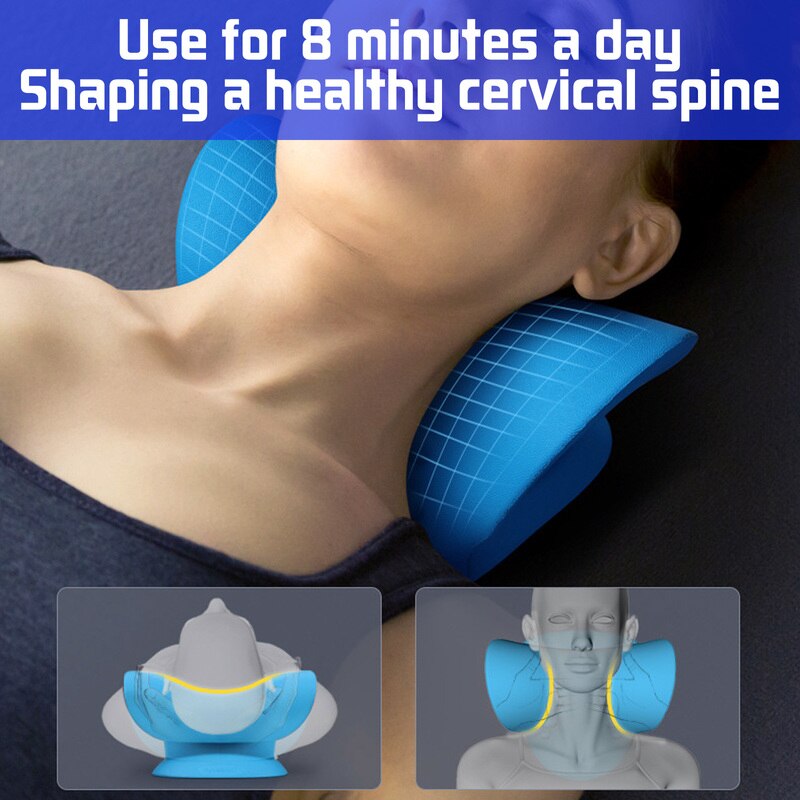 Person lying on a blue Fitlybuy ergonomic neck and shoulder stretcher for cervical spine support and pain relief.