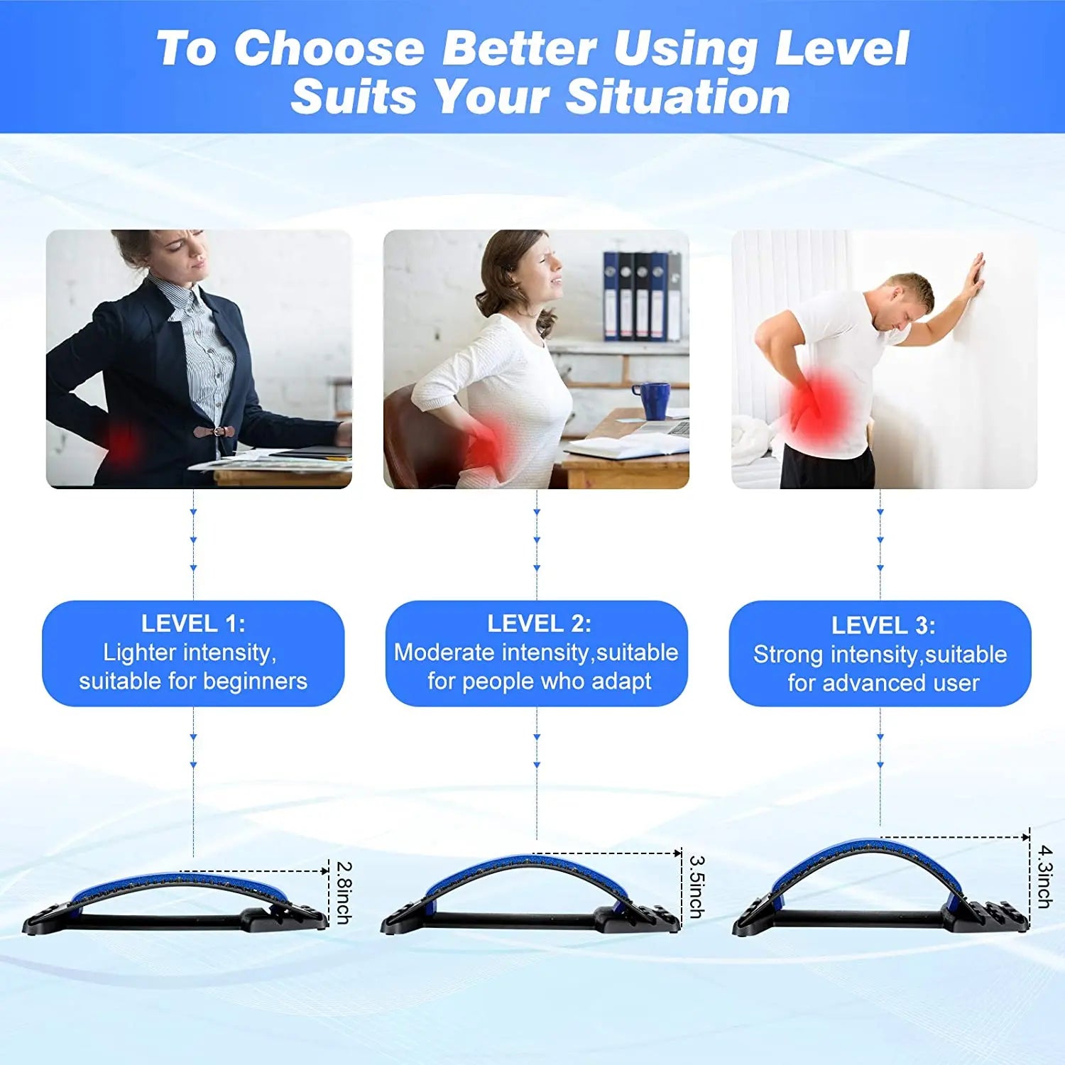 Fitlybuy back stretcher with 3 adjustable height levels (2.8", 3.5", 4.3") for ergonomic spinal pain relief.