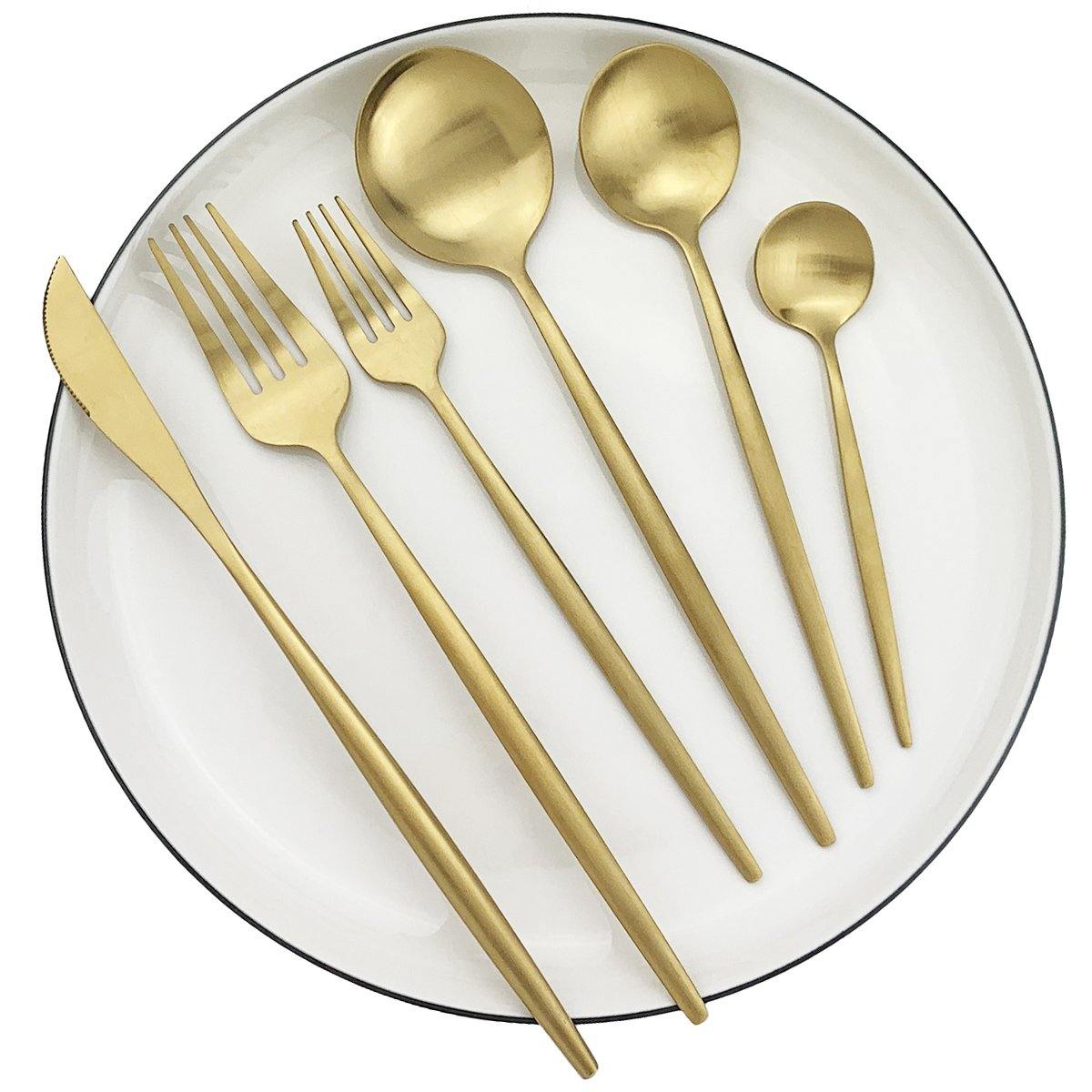 Fitlybuy Torin 36-piece matte gold stainless steel cutlery set arranged on a white plate.