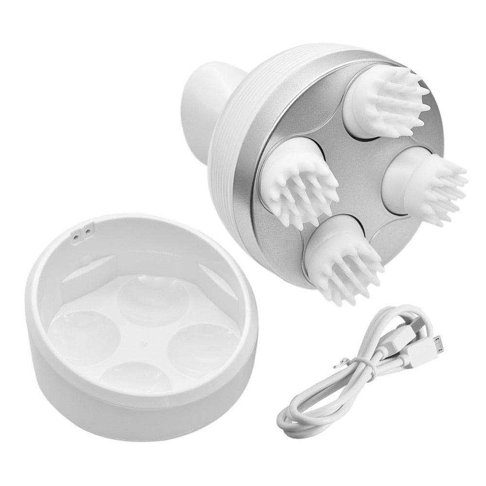 Fitlybuy wireless, waterproof white scalp massager with four rotating heads, charging base, and USB cable on white.