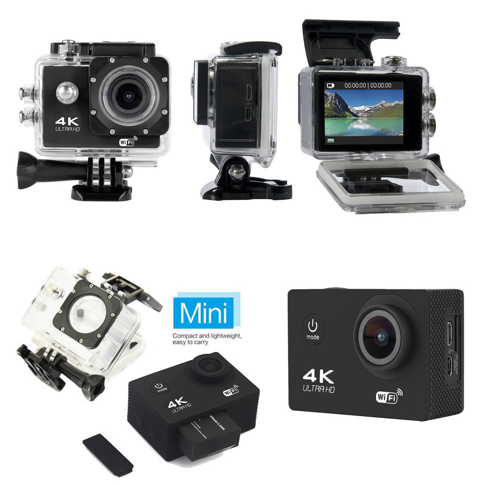 Fitlybuy 4K Ultra HD action camera in black, showing the camera, waterproof housing, and battery on a white background.