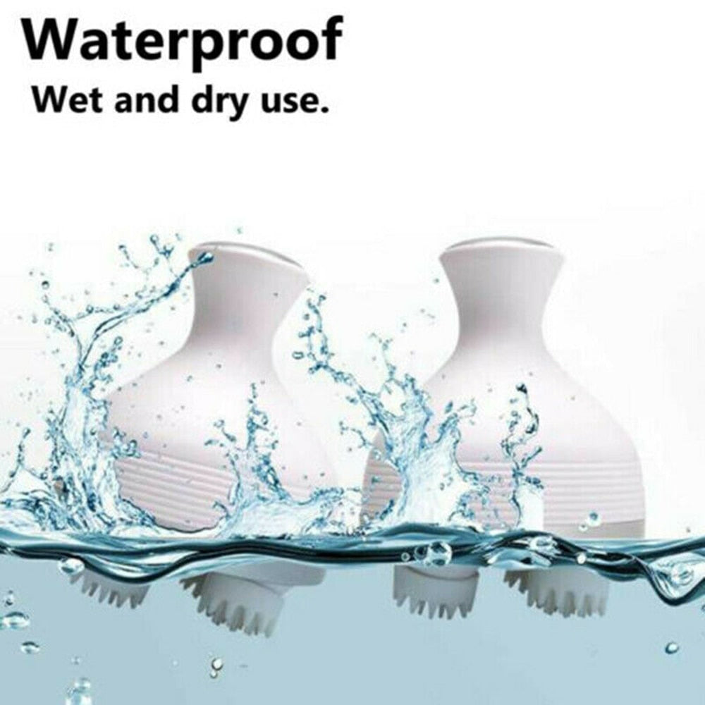 Two white Fitlybuy waterproof wireless scalp massagers submerged in water, highlighting wet and dry use functionality.