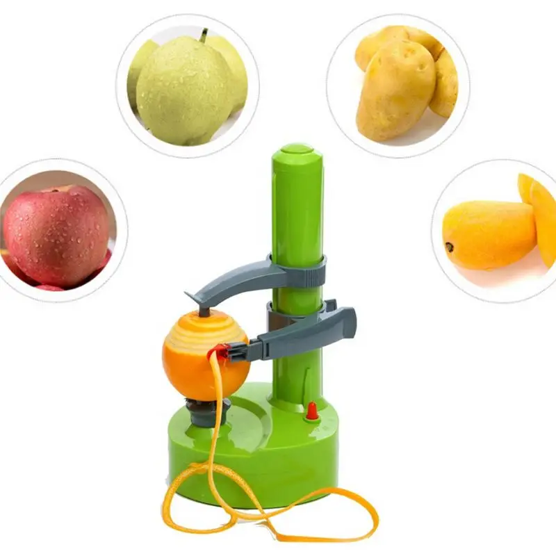 Fitlybuy green electric fruit and vegetable peeler peeling an orange, surrounded by icons of apple, pear, and potato.