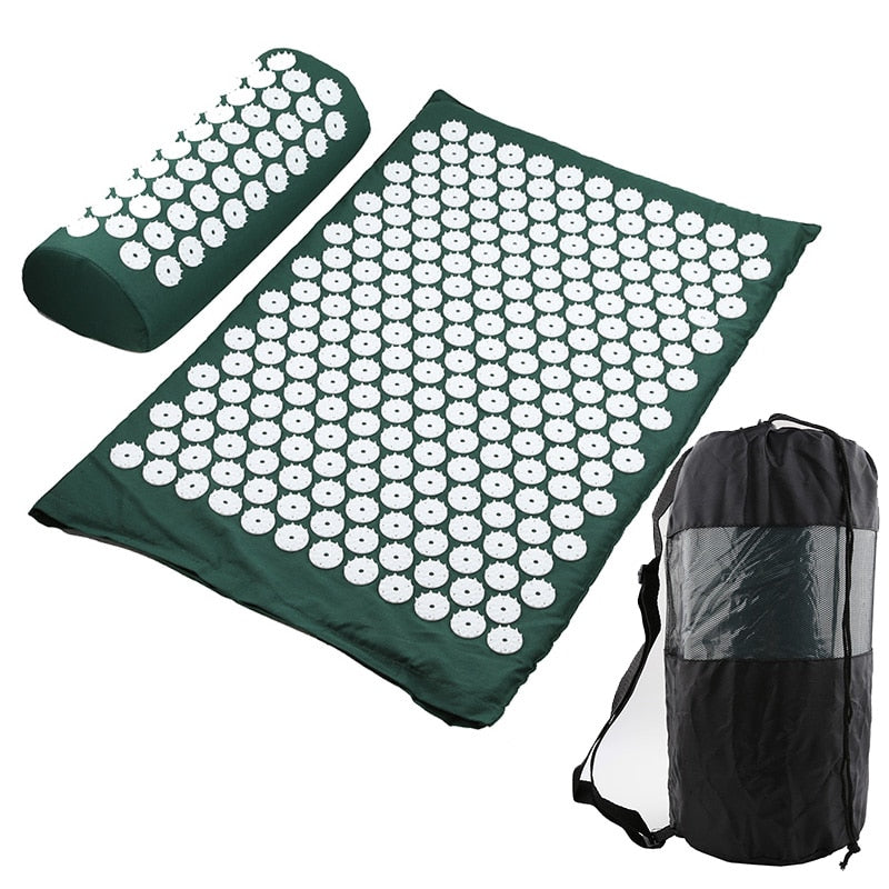 Green Fitlybuy acupressure mat and pillow set with white stimulation spikes and a black carrying bag.