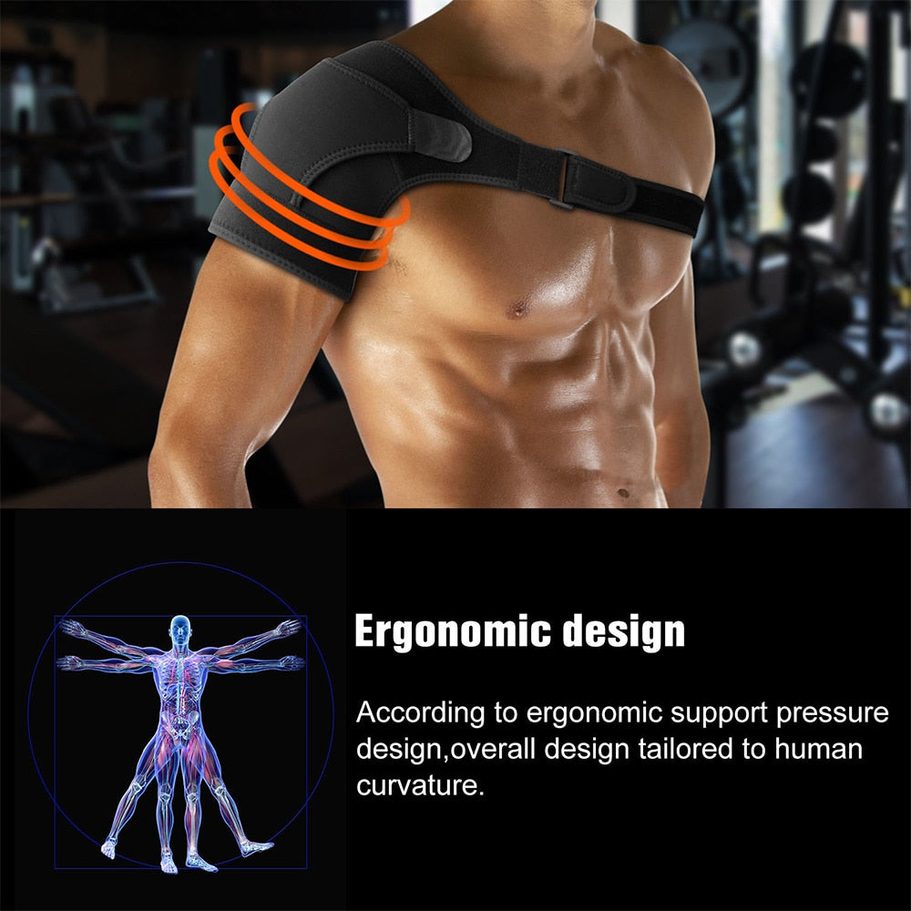 Fitlybuy black adjustable shoulder brace with ComfortFlex support on a man in a gym, plus ergonomic anatomical graphic.