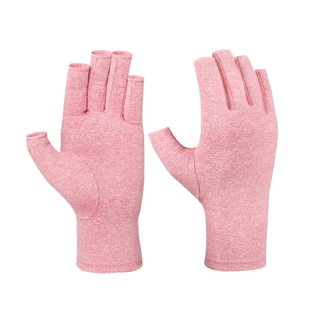 Fitlybuy pink fingerless compression gloves for therapeutic warmth, shown on front and back against a white background.