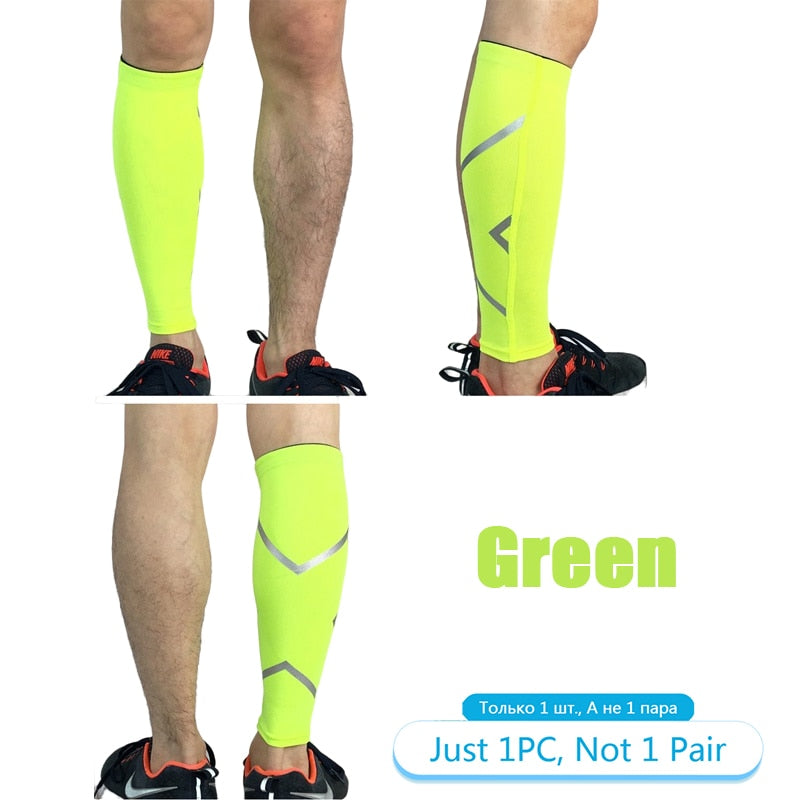 Fitlybuy neon green calf compression sleeve with reflective patterns on legs, showing one sleeve per package.