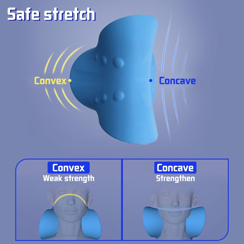 Blue Fitlybuy neck and shoulder stretcher showing convex and concave sides for adjustable stretch intensity.