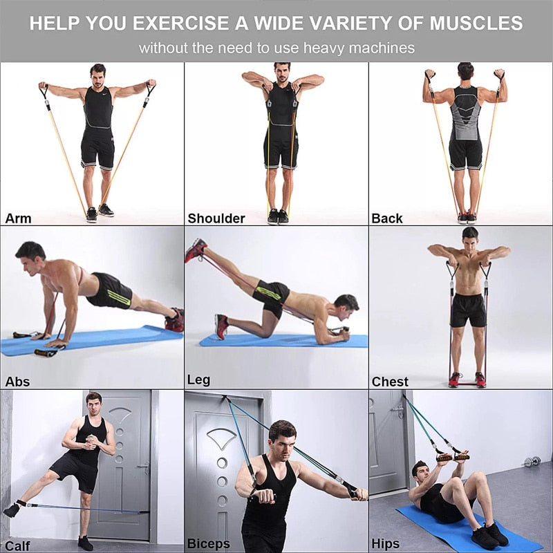 Fitlybuy 11-piece resistance band set with FlexiGrip handles, shown in various home workout exercises for full-body tone.