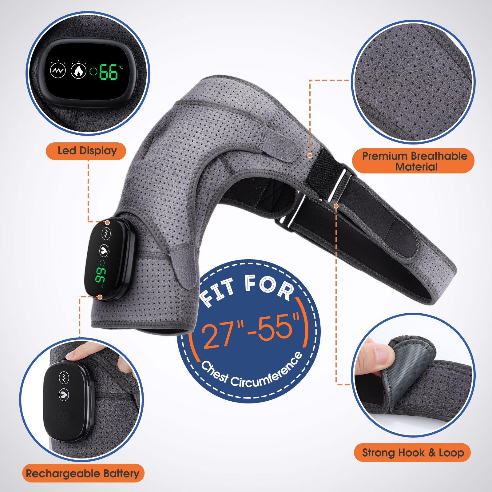 Gray Fitlybuy heated shoulder brace with LED display, vibration technology, breathable fabric, and adjustable straps.
