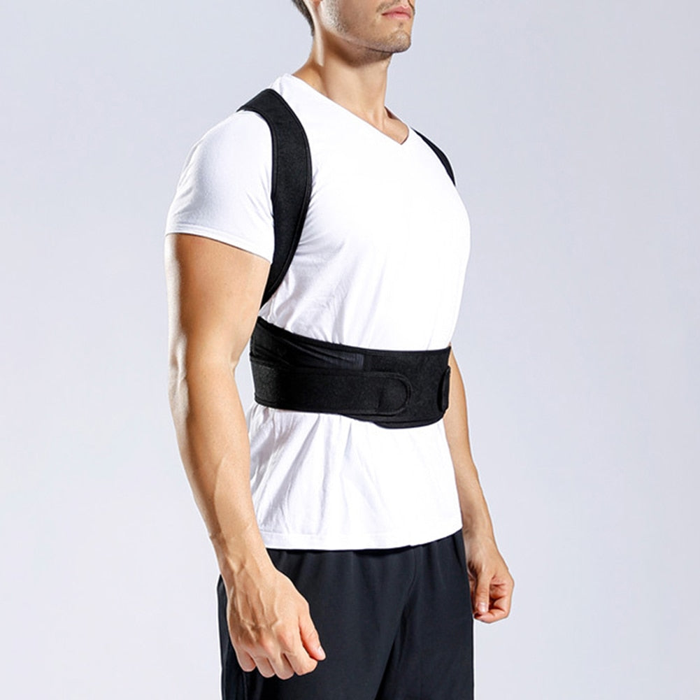 Fitlybuy Posture Corrector Pro: a black ergonomic support brace worn over a white t-shirt for back alignment.