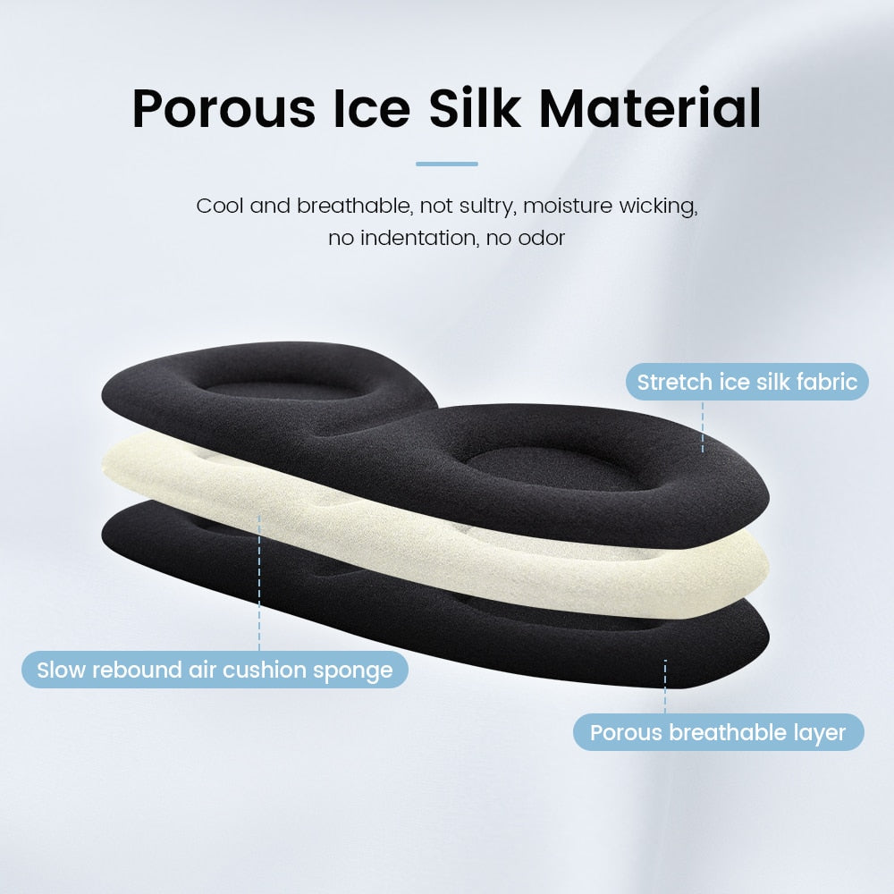 Fitlybuy 3D memory foam sleeping mask, featuring three layers: black ice silk fabric and a soft cushion core.