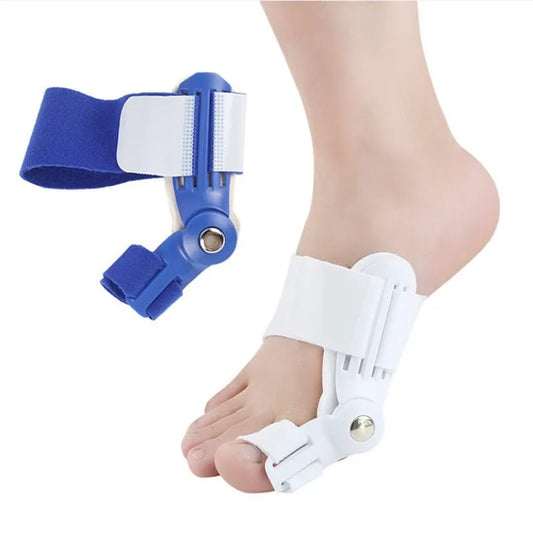 Fitlybuy big toe corrector with adjustable ComfortAlign hinge, shown in blue and worn white on a human foot.