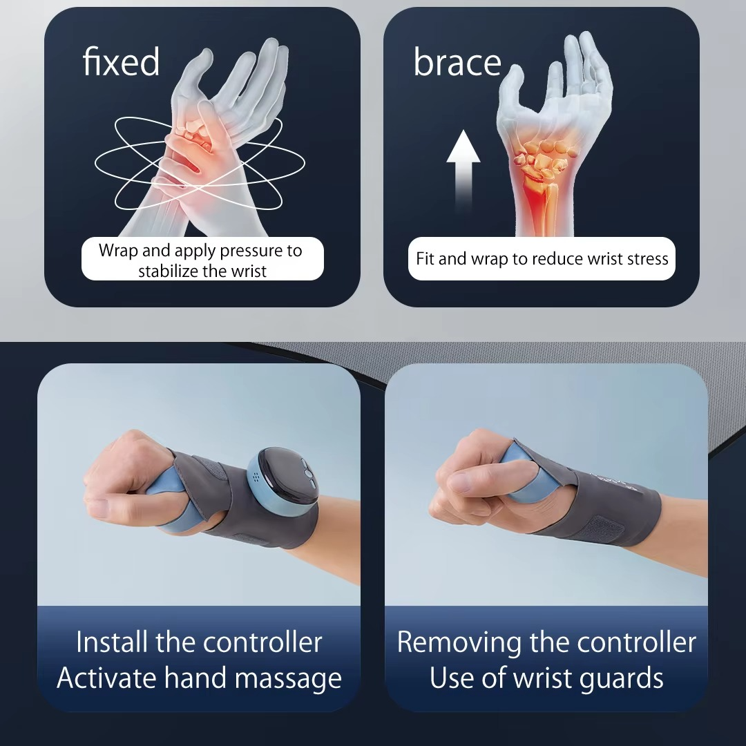 Fitlybuy EMS heating wrist brace in grey. Shows wrist stabilization, stress relief, and a removable heating controller.