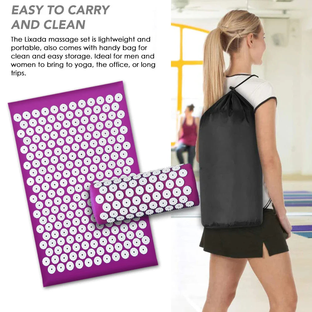 Purple Fitlybuy acupressure yoga mat with white pressure points, shown with a portable carrying bag on a woman.