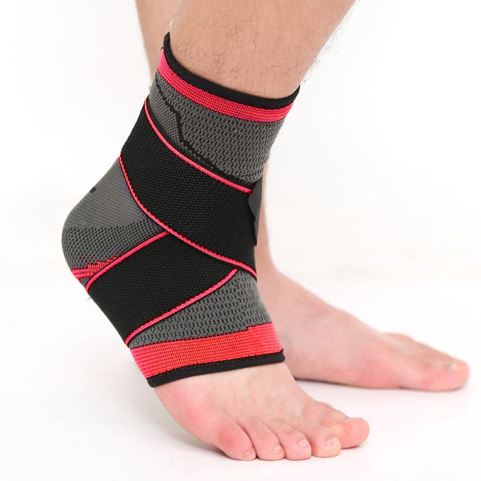 Fitlybuy gray and black compression ankle brace with stabilizing straps worn on a bare foot.