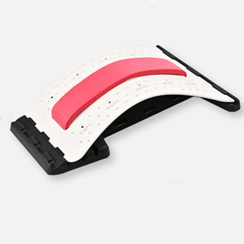 Fitlybuy white and pink arched back relief stretcher with black base for ergonomic spine alignment on a white background.