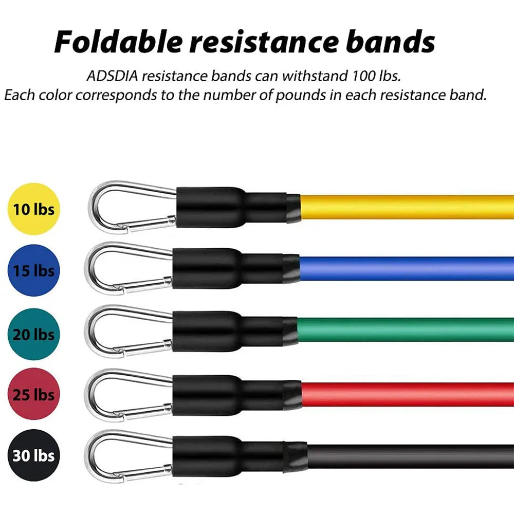 Fitlybuy 11-piece resistance band set with color-coded tubes (10-30 lbs) and carabiners for adjustable exercise.