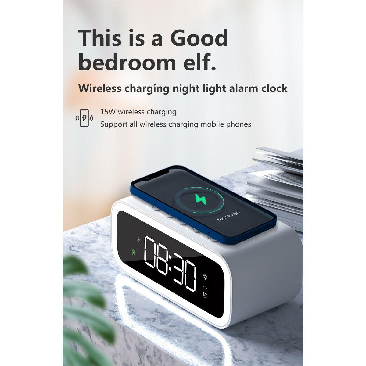 Fitlybuy white 2-in-1 digital LED alarm clock with top-surface 15W Qi wireless charging for mobile phones.