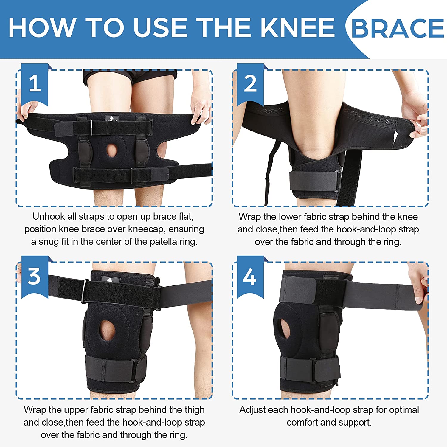 Four-step instructional guide showing how to apply the black Fitlybuy professional knee brace stabilizer.