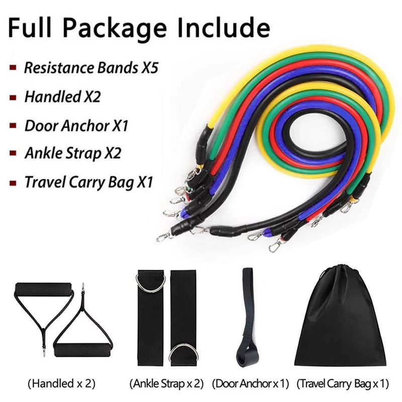 Fitlybuy 11-piece resistance band set: five colored tubes, comfort handles, ankle straps, door anchor, and carry bag.