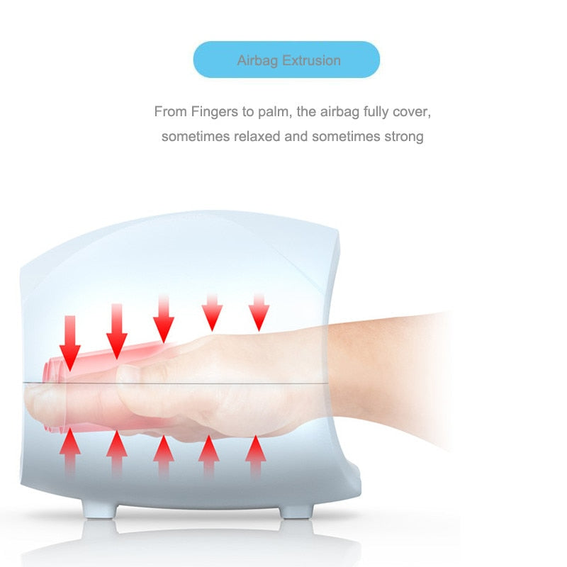 Fitlybuy white hand massager with air pressure compression technology showing a hand inside with massage force arrows.