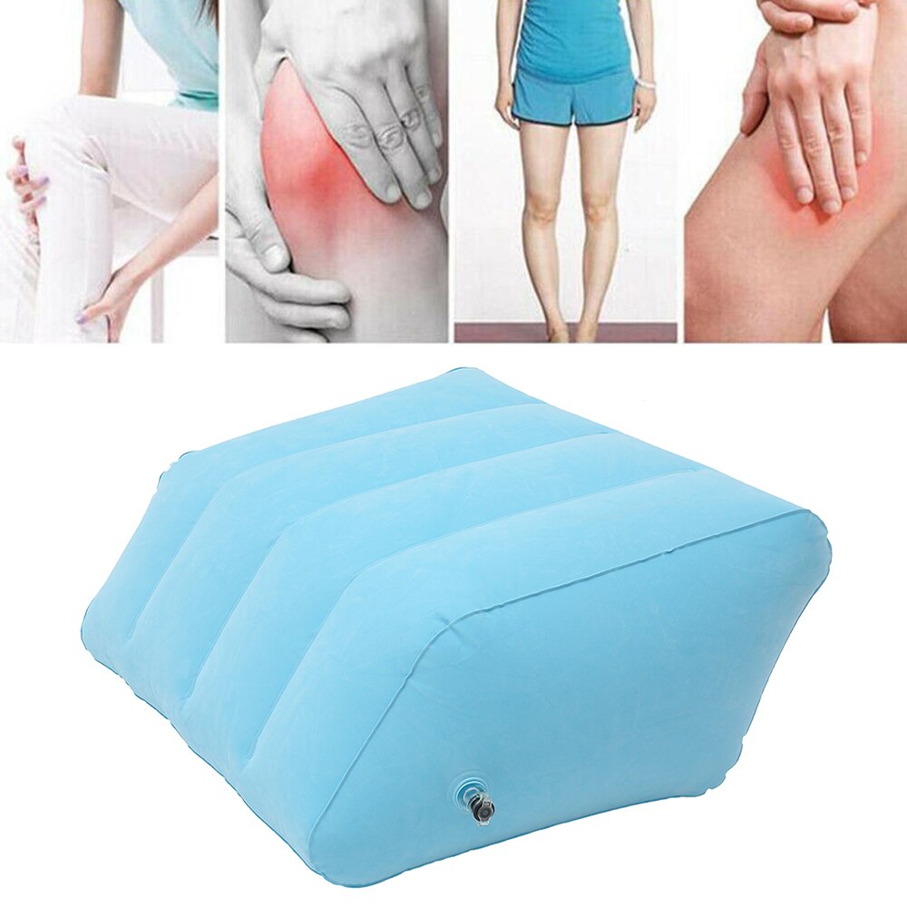 Blue Fitlybuy inflatable leg pillow for pain relief, shown below images of people experiencing leg discomfort.