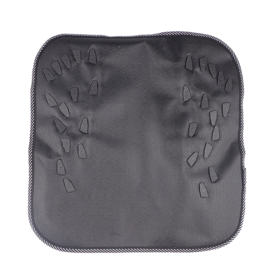 Black Fitlybuy reflexology massage mat with therapeutic pressure point stones arranged in foot-shaped patterns.
