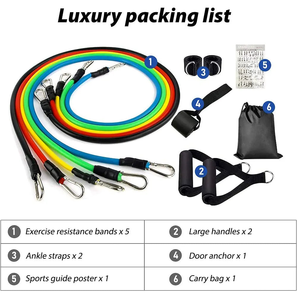 Fitlybuy 11-piece resistance band set: 5 colored tubes, 2 handles, 2 ankle straps, door anchor, guide, and carry bag.