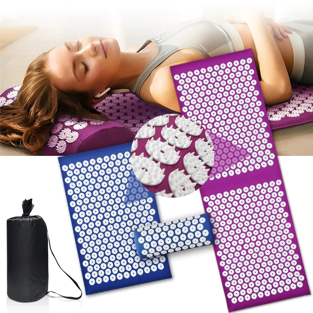Fitlybuy acupressure yoga mat set in purple and blue with ergonomic white spike discs, including a carry bag.