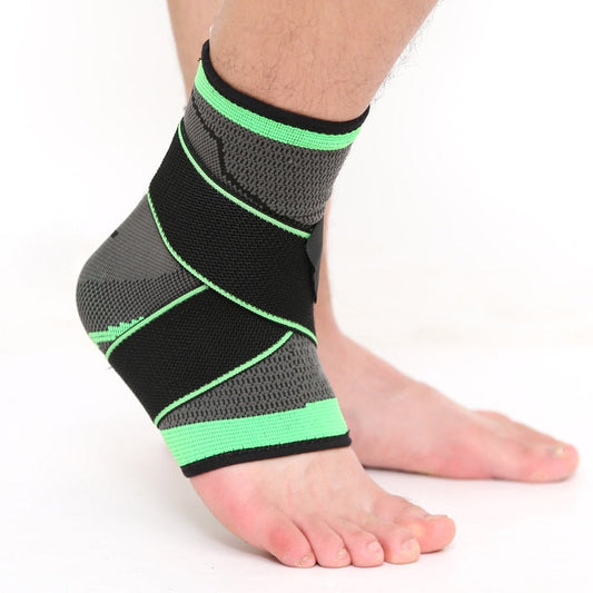 Fitlybuy compression ankle brace in grey, black, and neon green, worn on a foot to provide stabilizing support.