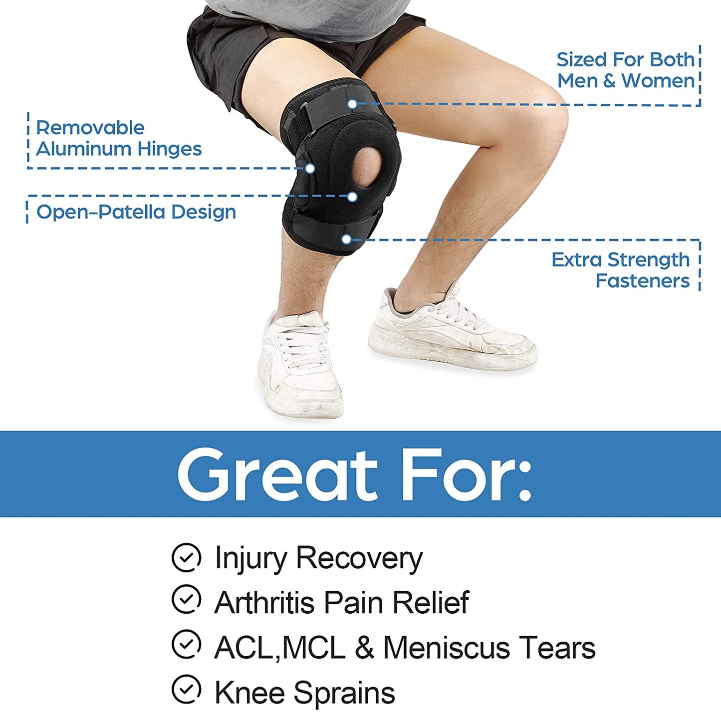 Black Fitlybuy hinged knee brace with open-patella design on a person's leg, showing features and injury recovery uses.