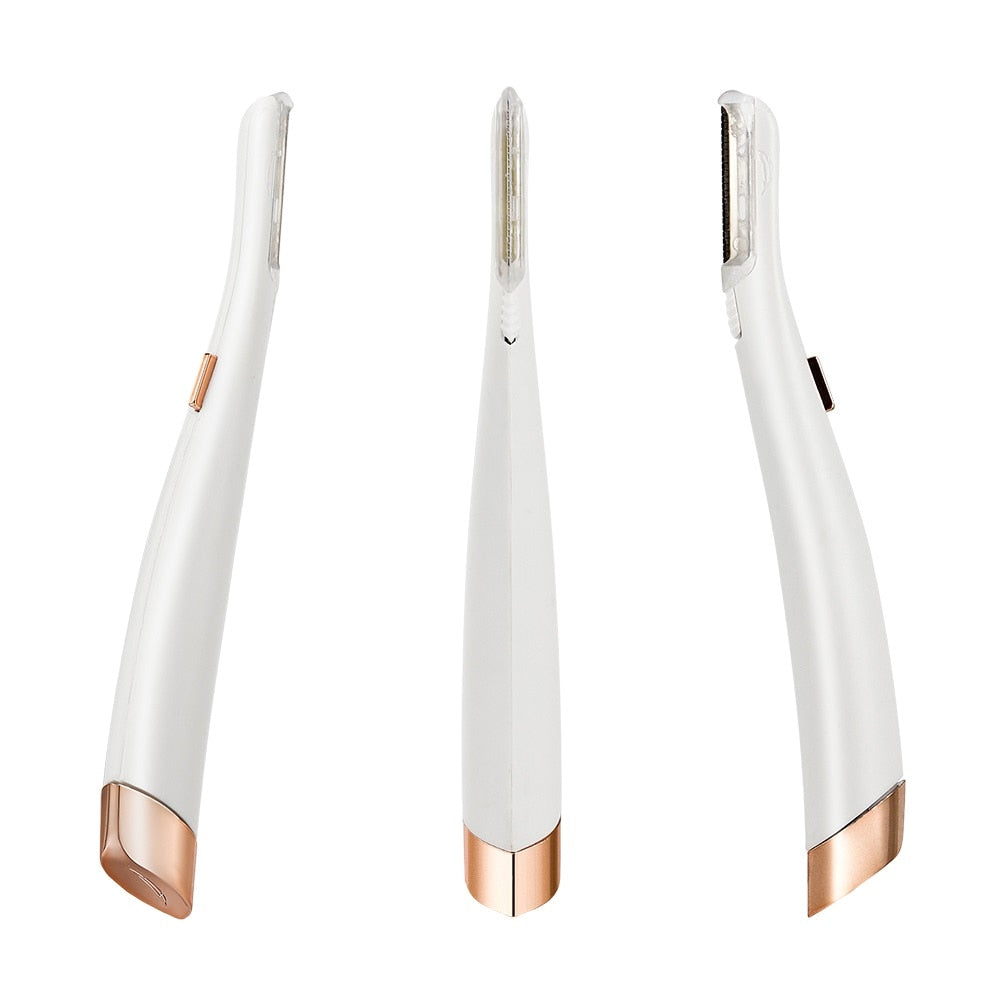 Three white and rose gold Fitlybuy SoftSkin painless facial hair removers shown from different angles.