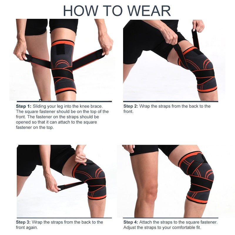Four-step guide on wearing a gray and orange Fitlybuy compression knee brace with adjustable wrap-around straps.