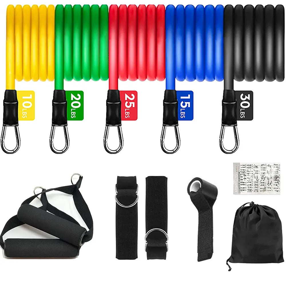 Fitlybuy 11-piece resistance band set featuring colorful tubes, labeled weights, handles, straps, and a storage bag.