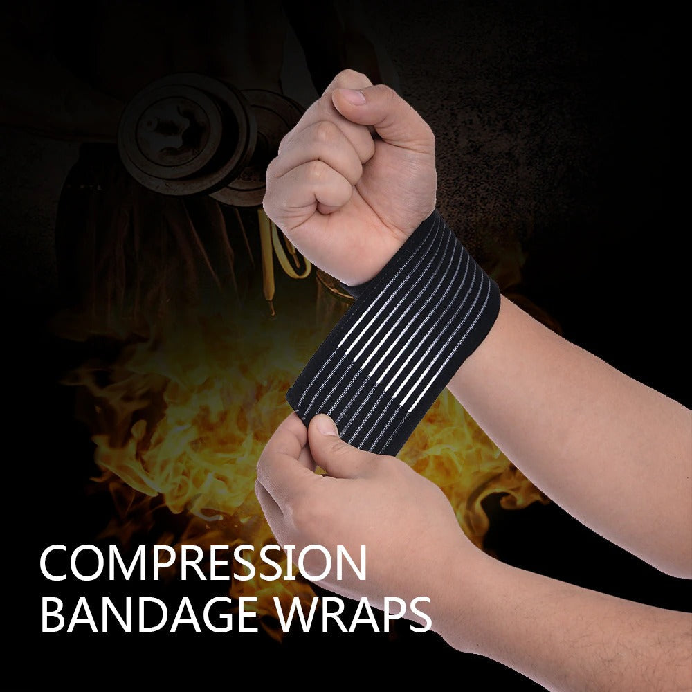 Black Fitlybuy elastic wrist compression bandage with white stripes on a person's wrist against a fiery background.